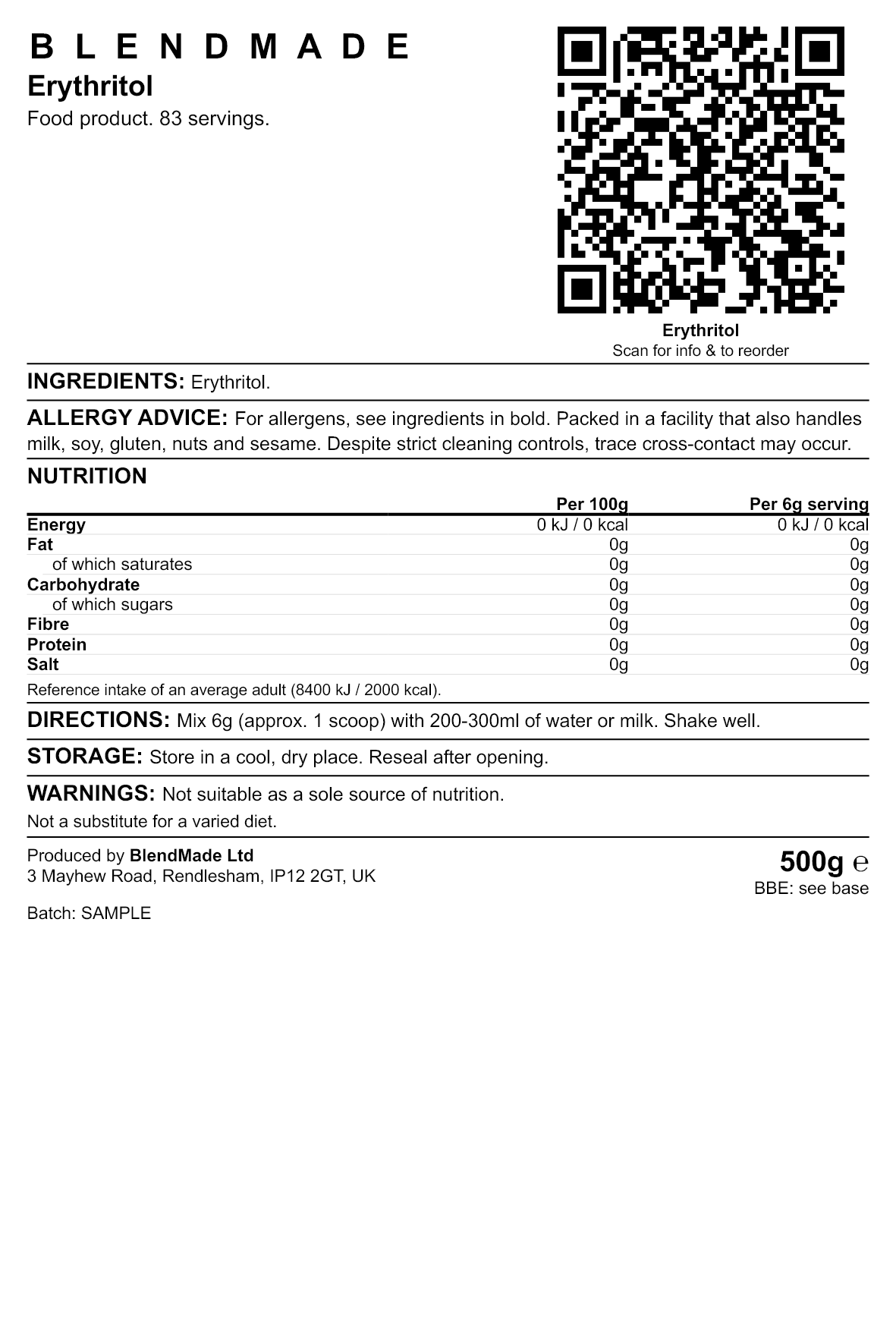 Product label — Erythritol