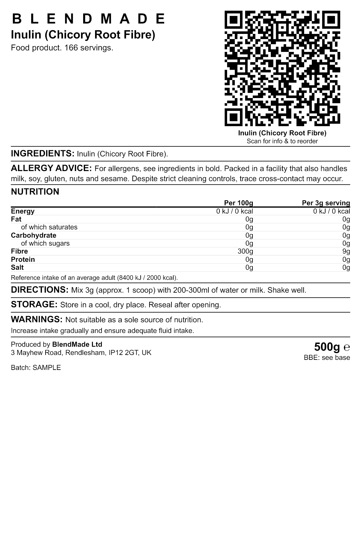 Product label — Inulin (Chicory Root Fibre)