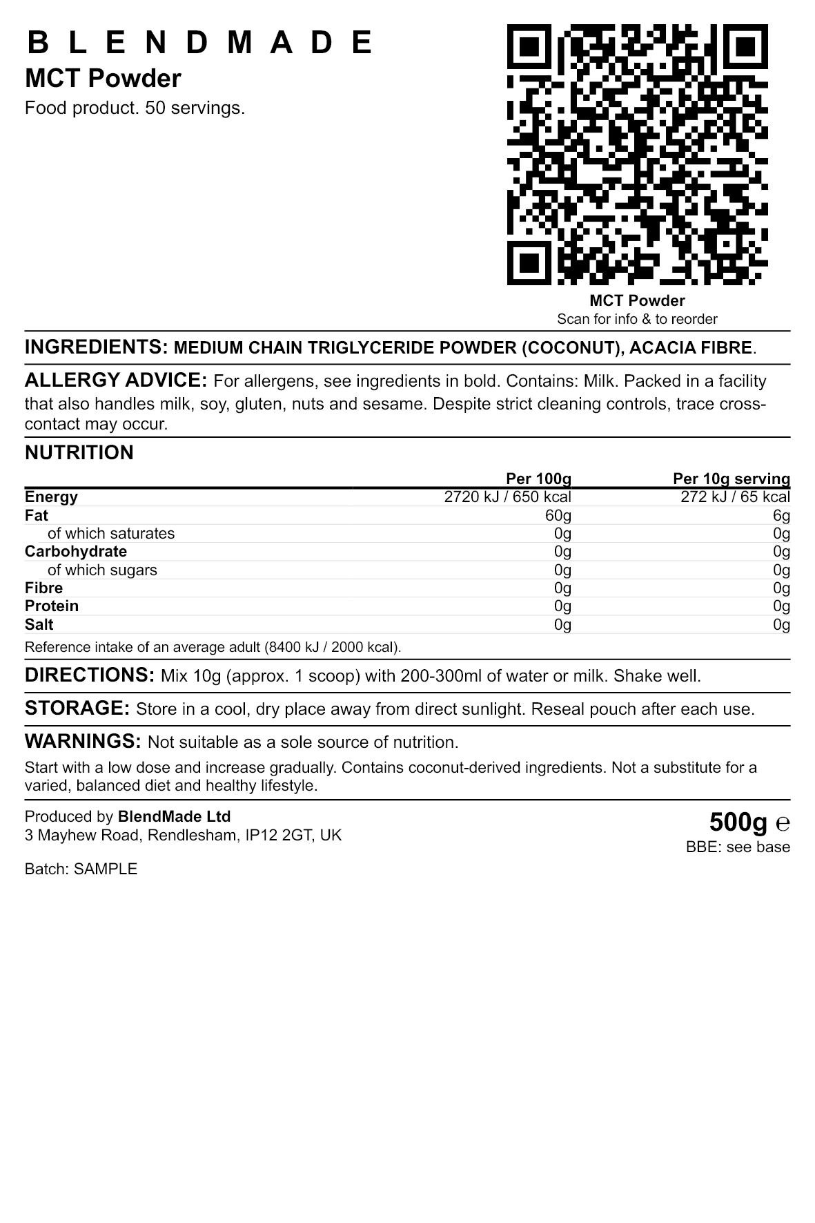 Product label — MCT Powder
