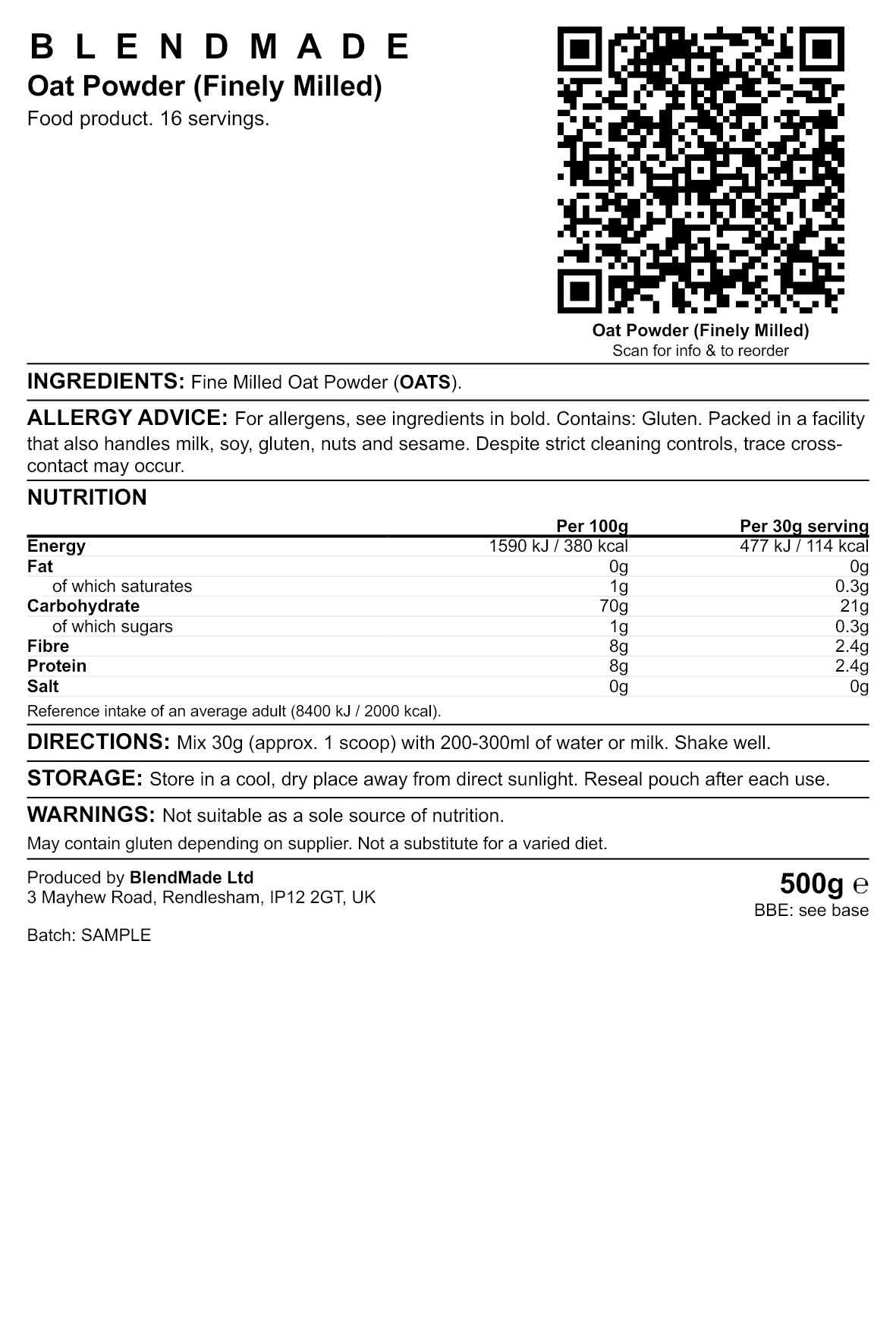 Product label — Oat Powder (Finely Milled)