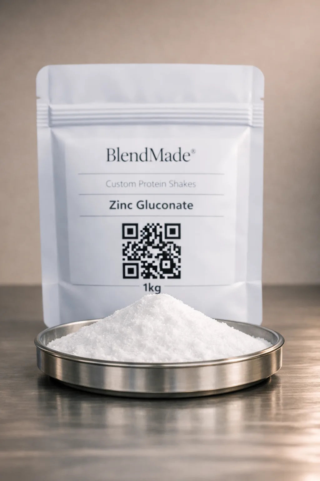 Zinc Gluconate — white mineral powder for BlendMade immune‑support shakes