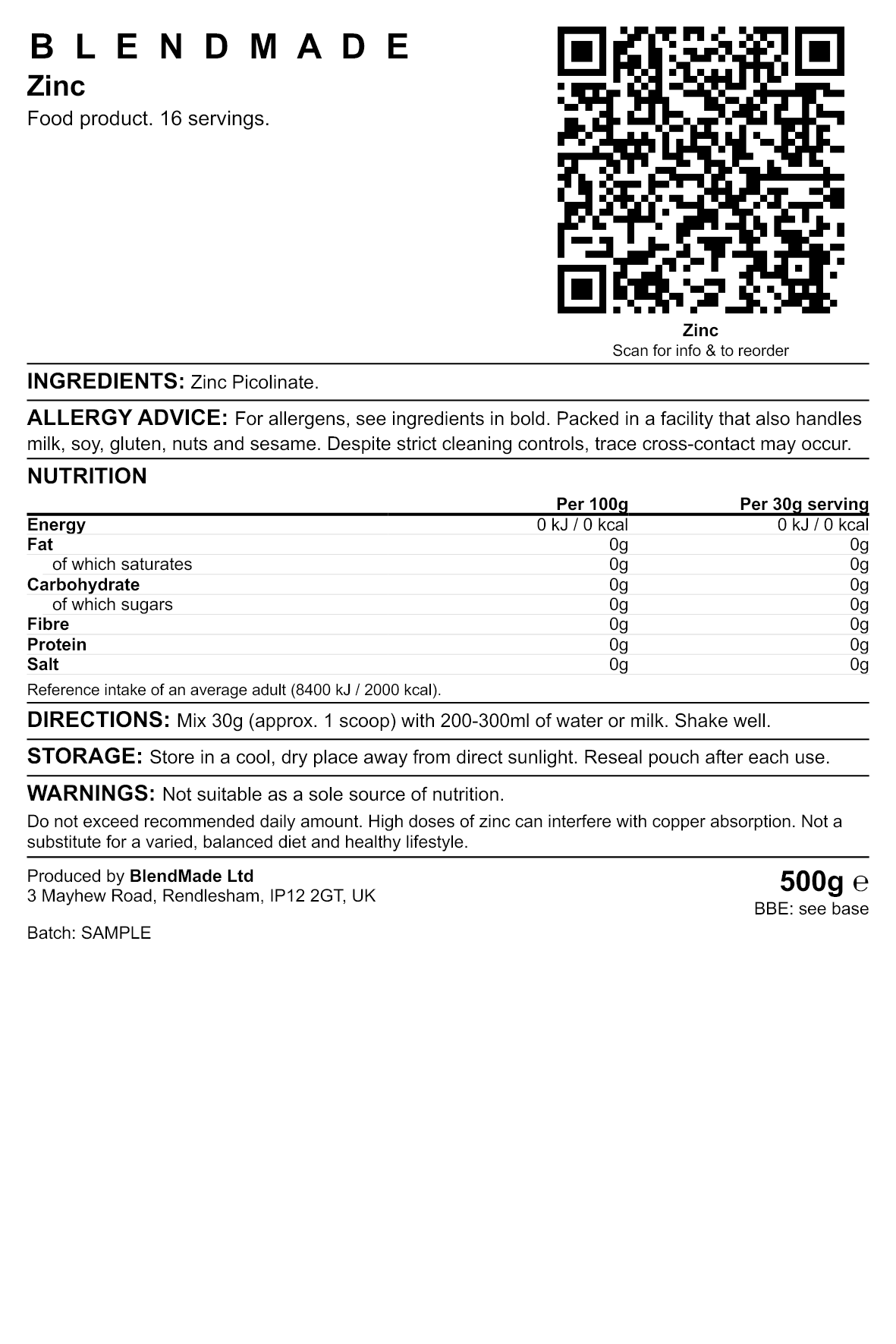 Product label — Zinc