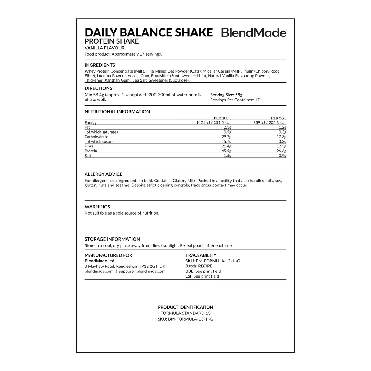 Daily Balance Protein Shake rear product label