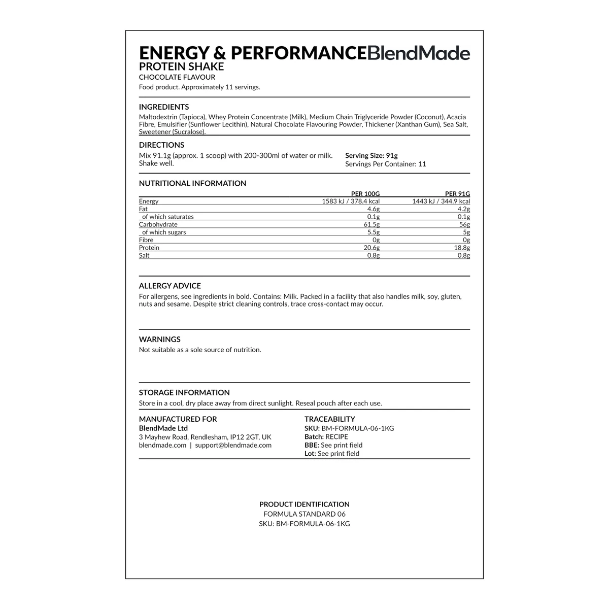 Energy & Performance Protein Shake rear product label