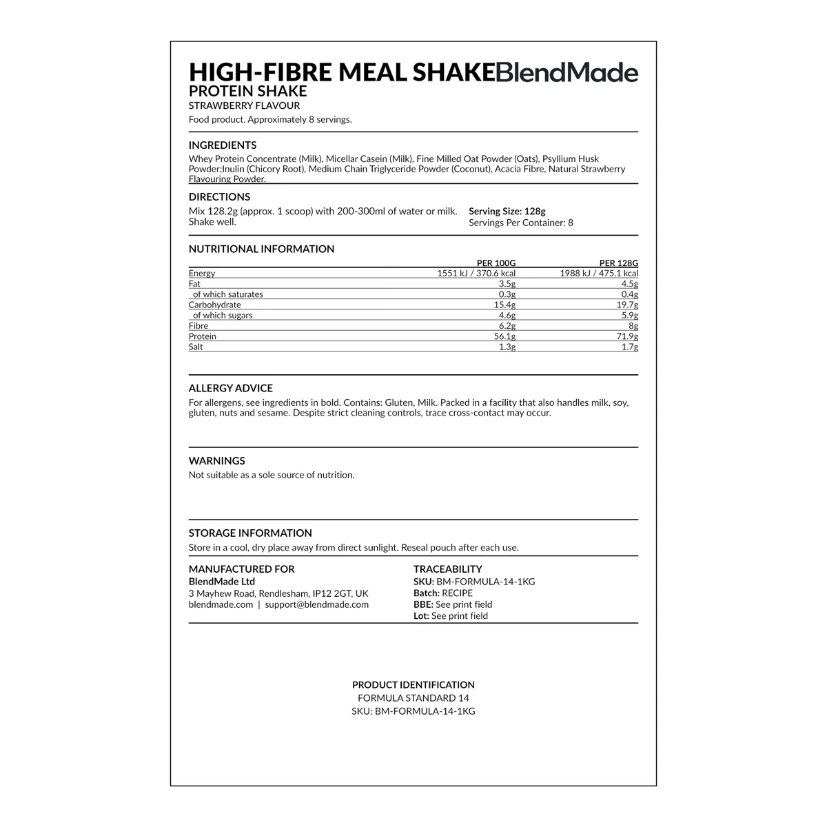 High-Fibre Meal Protein Shake rear product label
