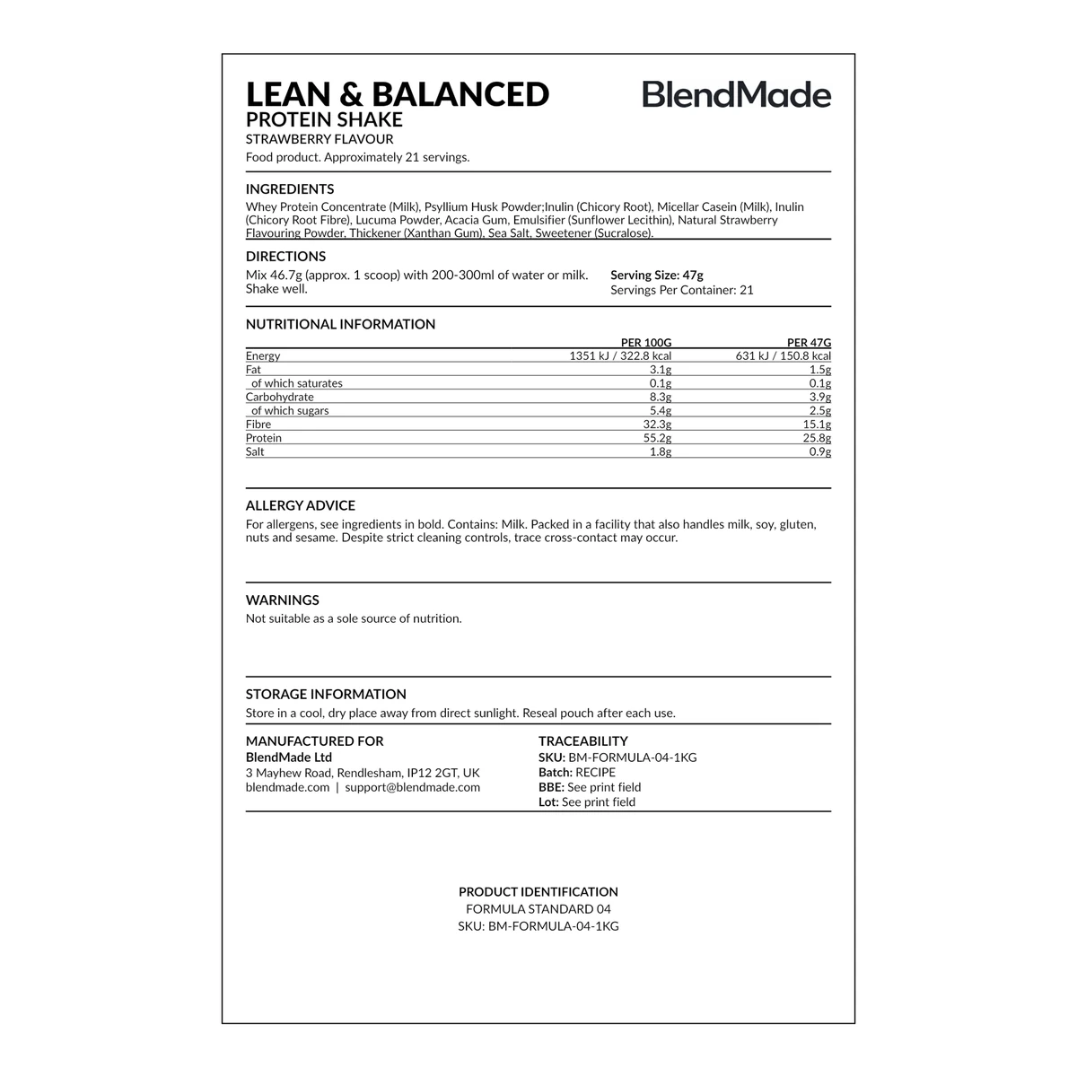 Lean & Balanced Protein Shake rear product label