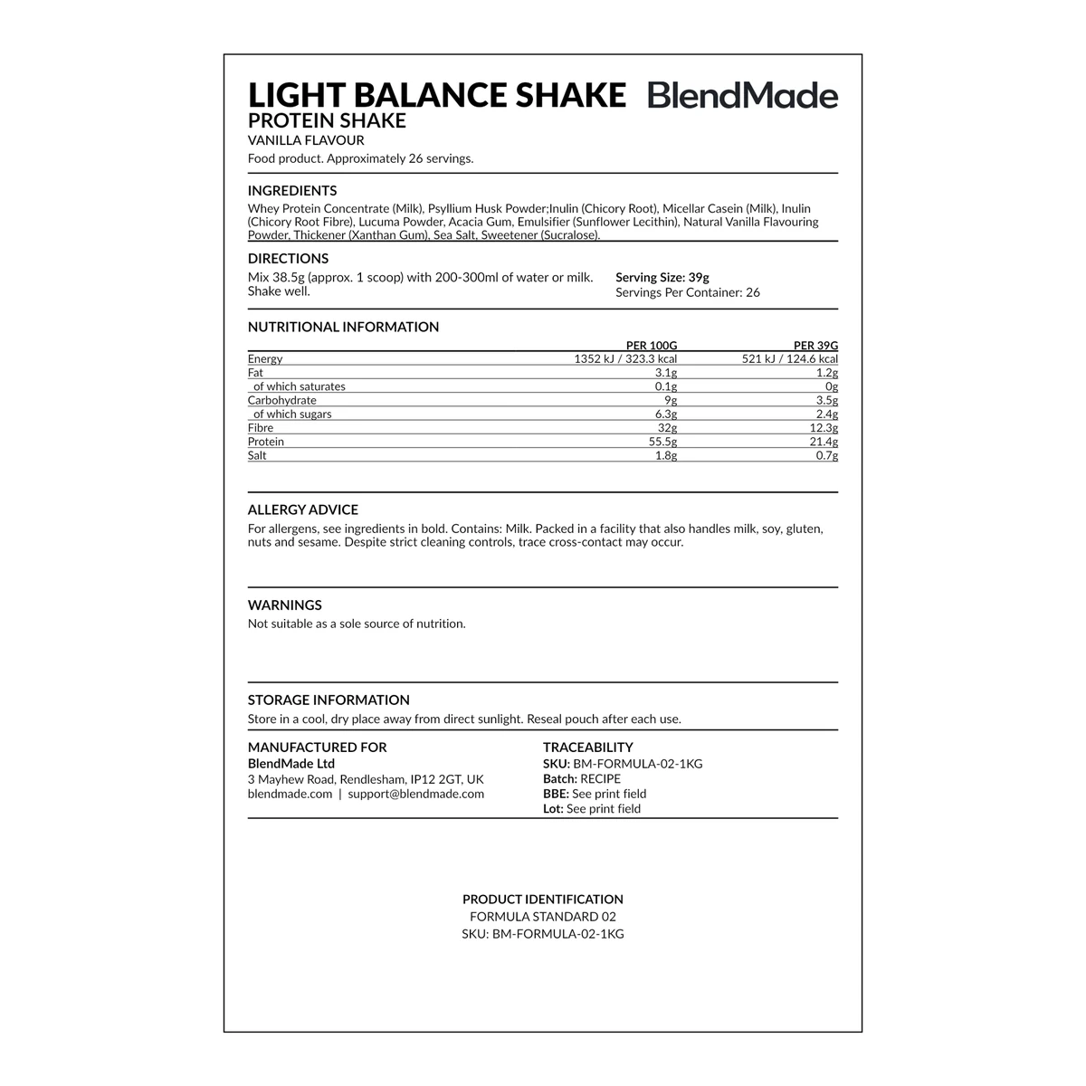 Light Balance Protein Shake rear product label