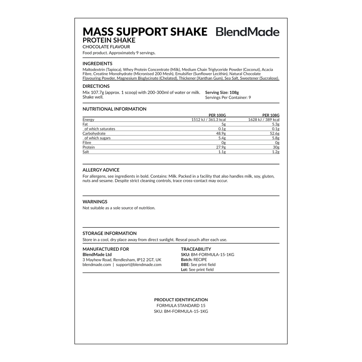 Mass Support Protein Shake rear product label