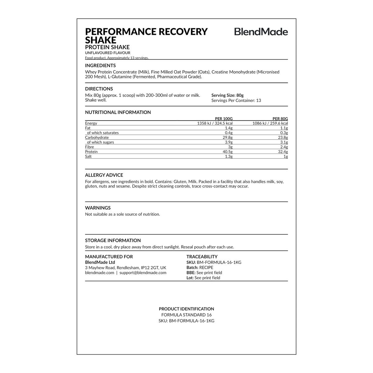 Performance Recovery Protein Shake rear product label
