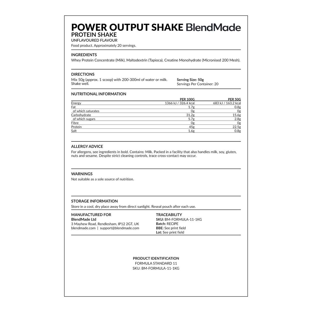 Power Output Protein Shake rear product label