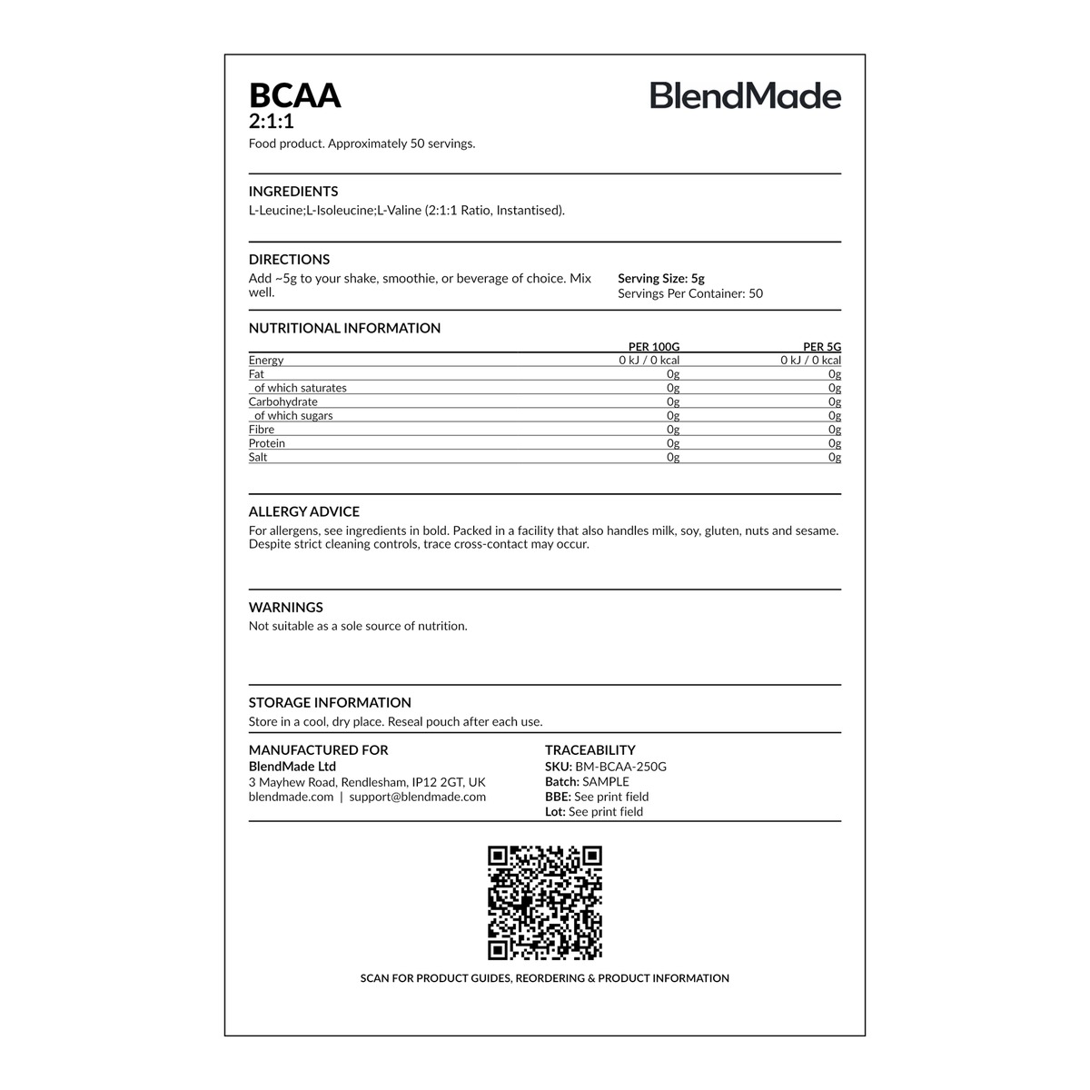 BCAA nutrition label