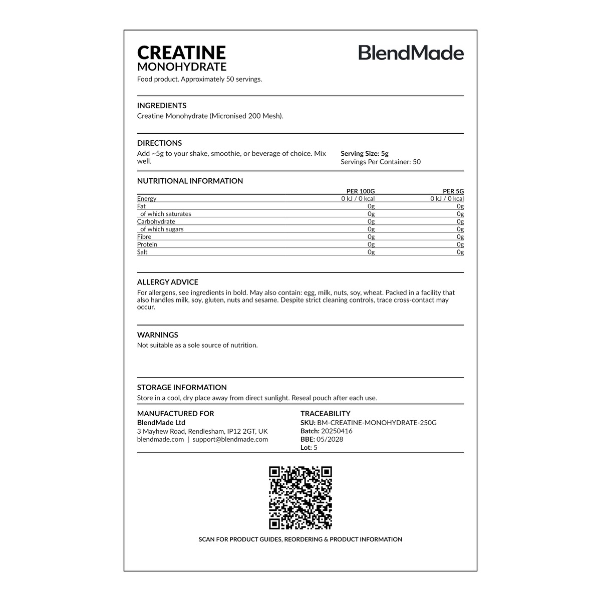 Creatine Monohydrate 250g | 07 | Rear label close-up