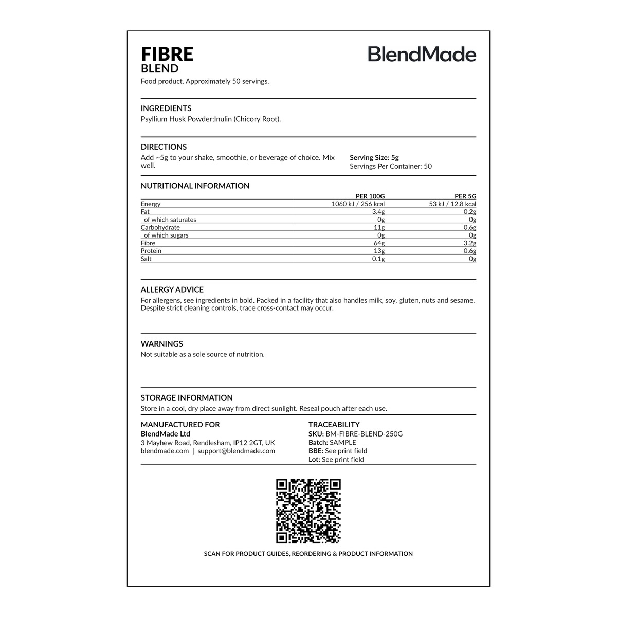Fibre Blend nutrition label