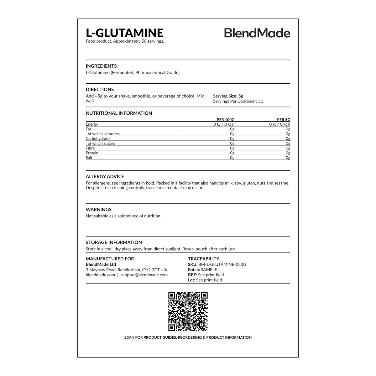 L-Glutamine 250g | 07 | Rear label close-up