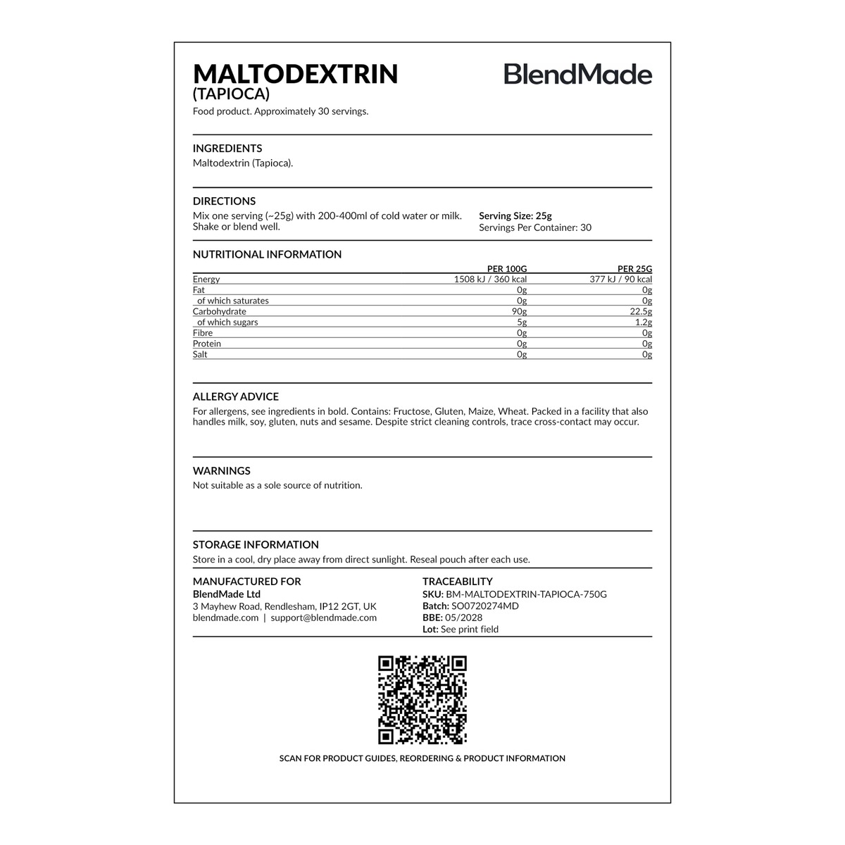 Maltodextrin (Tapioca) nutrition label
