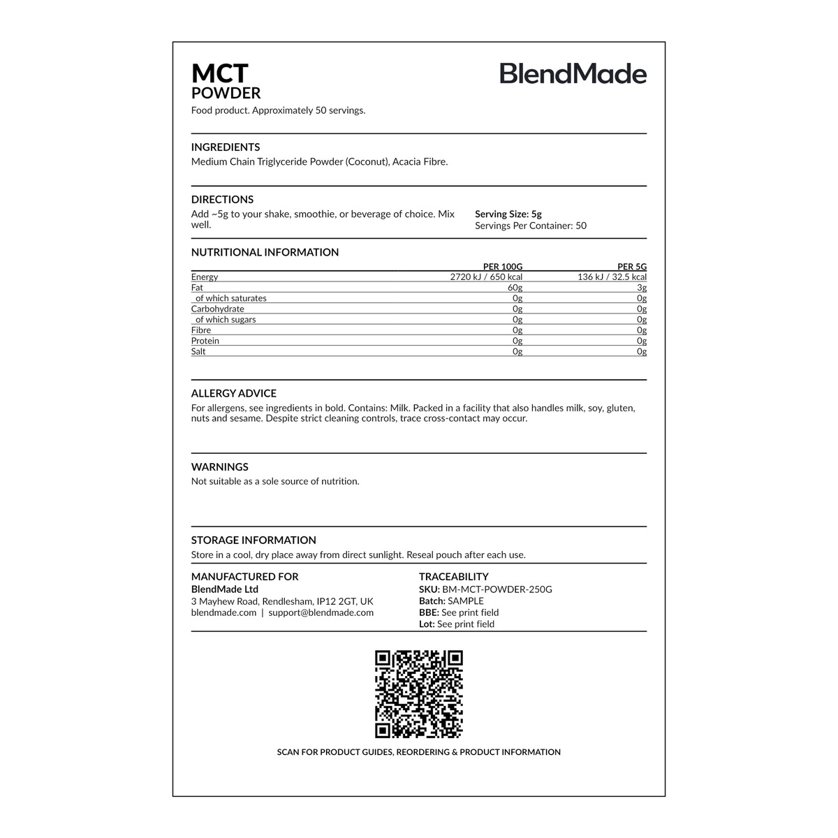 MCT Powder nutrition label