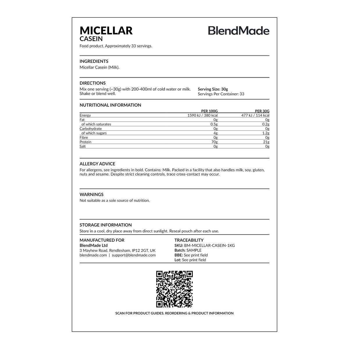 Micellar Casein nutrition label