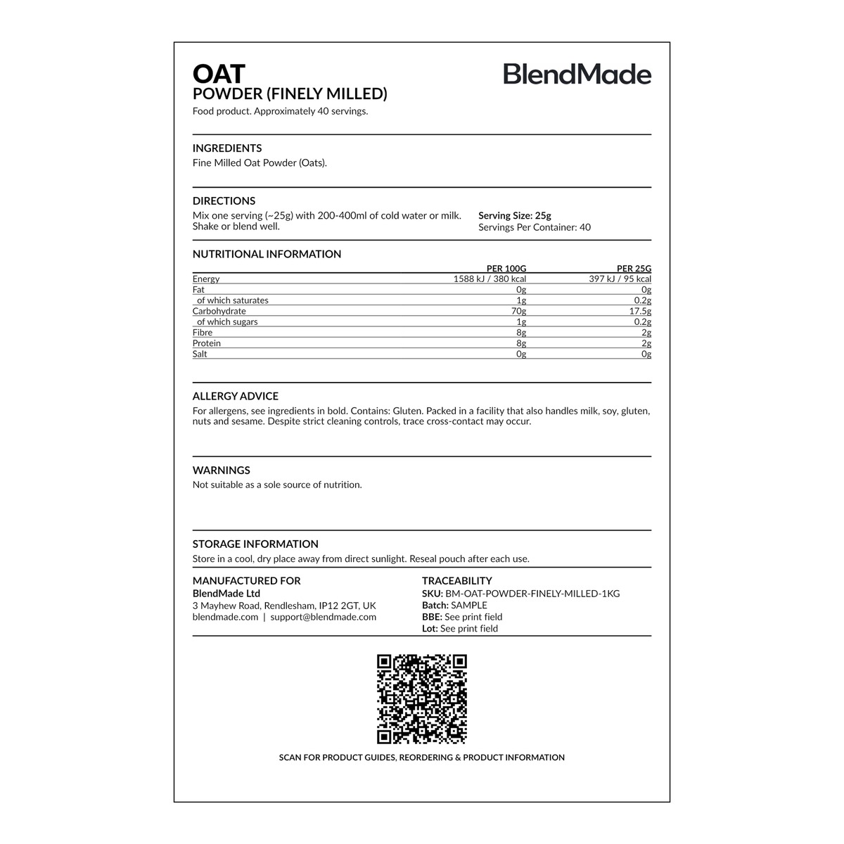 Oat Powder (Finely Milled) nutrition label