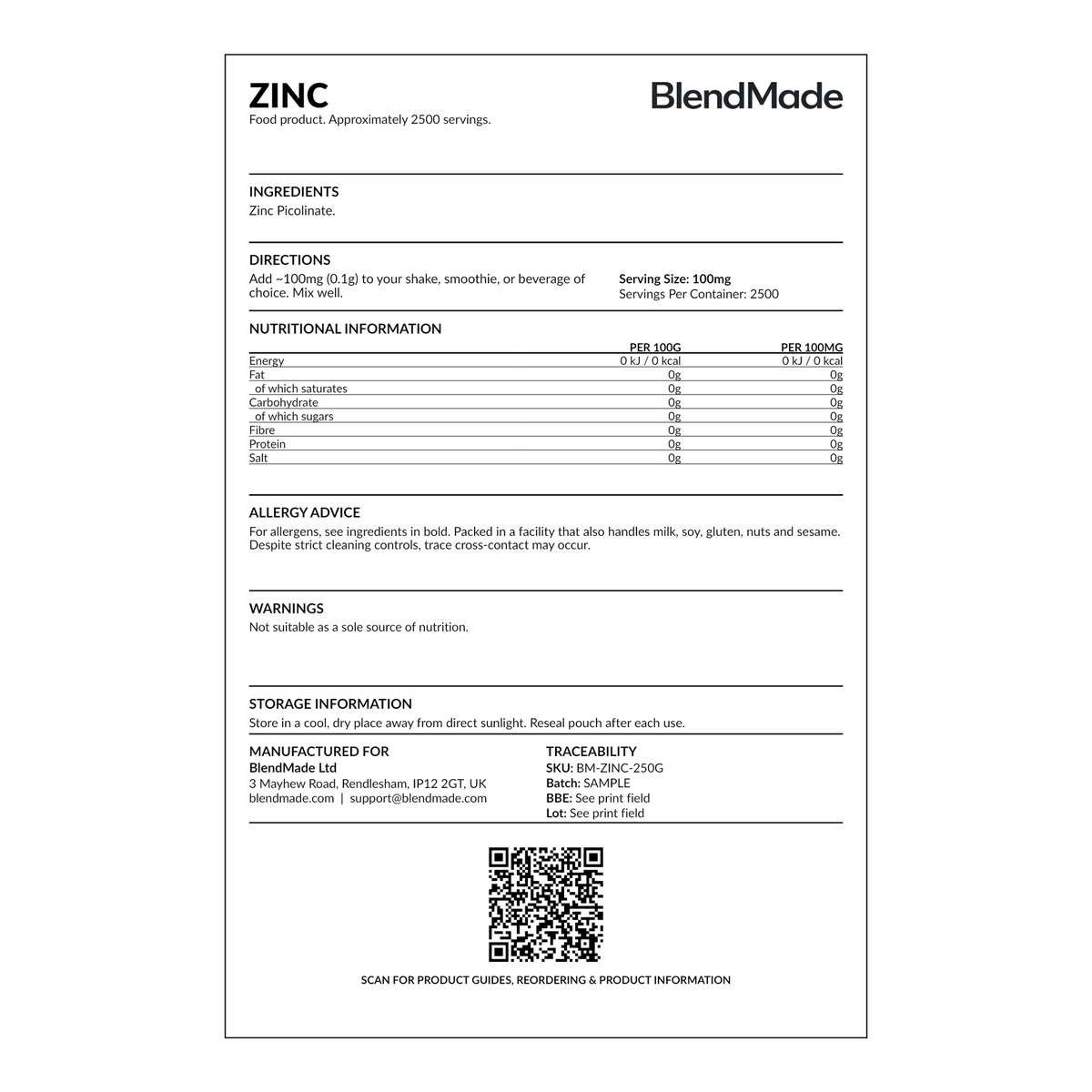 Zinc 250g | 07 | Rear label close-up